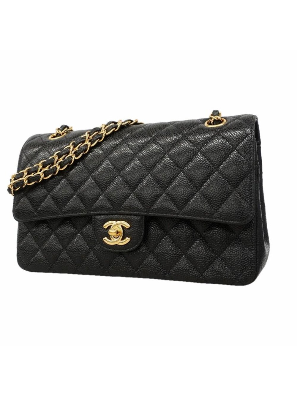 Chanel Shoulder Bag Quilted Caviar Leather Black Gold